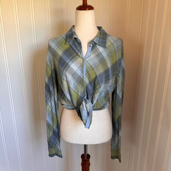 Vintage 90s Green Plaid Twee Top XL - Picture 1 of 6